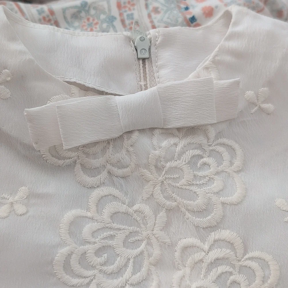 60s Vintage White Floral Embroidered‎ Silky Toddler Girl Dress MCM Mod